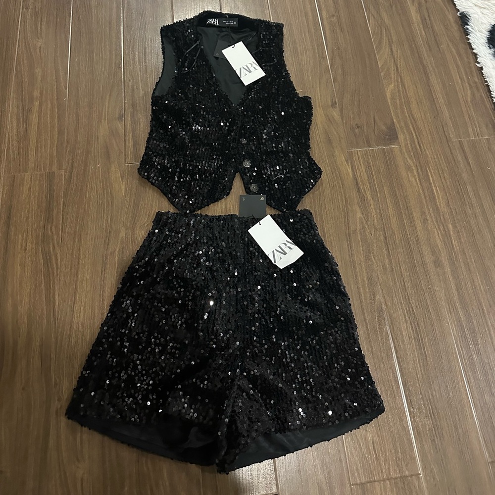 Zara Black Sequin Vest & Shorts Set